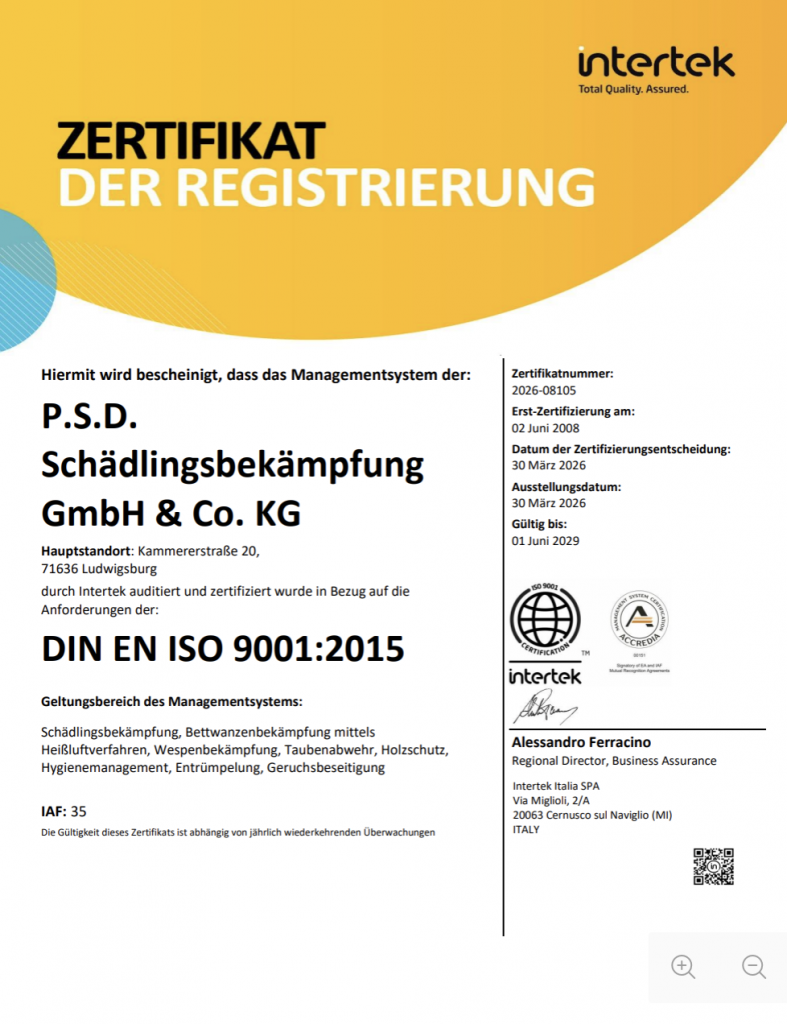 Das offizielle ISO 9001 Zertifikat für Qualitätsmanagement der PSD Schädlingsbekämpfung
