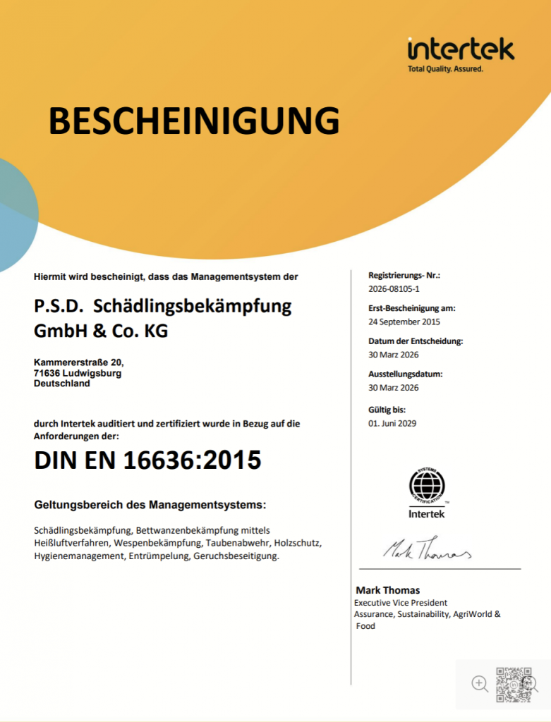 Das offizielle DIN EN ISO 16636 Zertifikat für professionelle Schädlingsbekämpfungsdienstleistungen der PSD