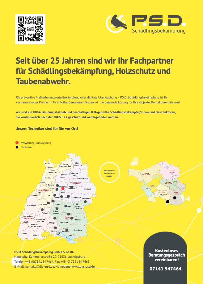 Übersichtskarte des Einzugsgebiets der PSD Schädlingsbekämpfung für die Regionen Stuttgart, Ludwigsburg, Heilbronn und Karlsruhe